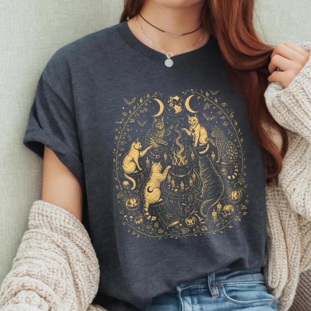 Cat Coven T-Shirt, Mystical Black Cat Tee, Witchy Moon Shirt, Gothic Cottagecore